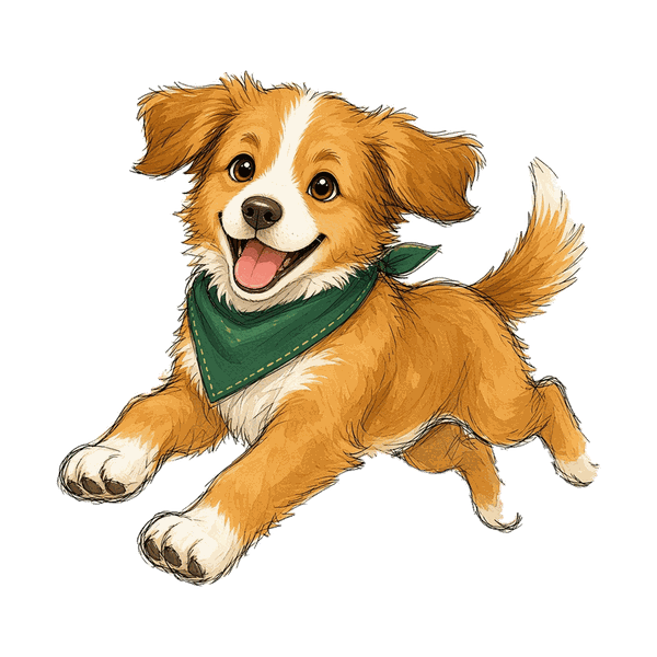 Ru the puppy leaping for joy, paws out and mouth open in a happy bark.