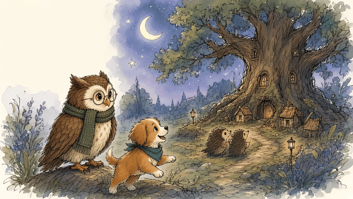 Night in Bramblewick: tiny houses beneath a giant oak with doors in its trunk. Oli, Ru and two hedgehogs look on.