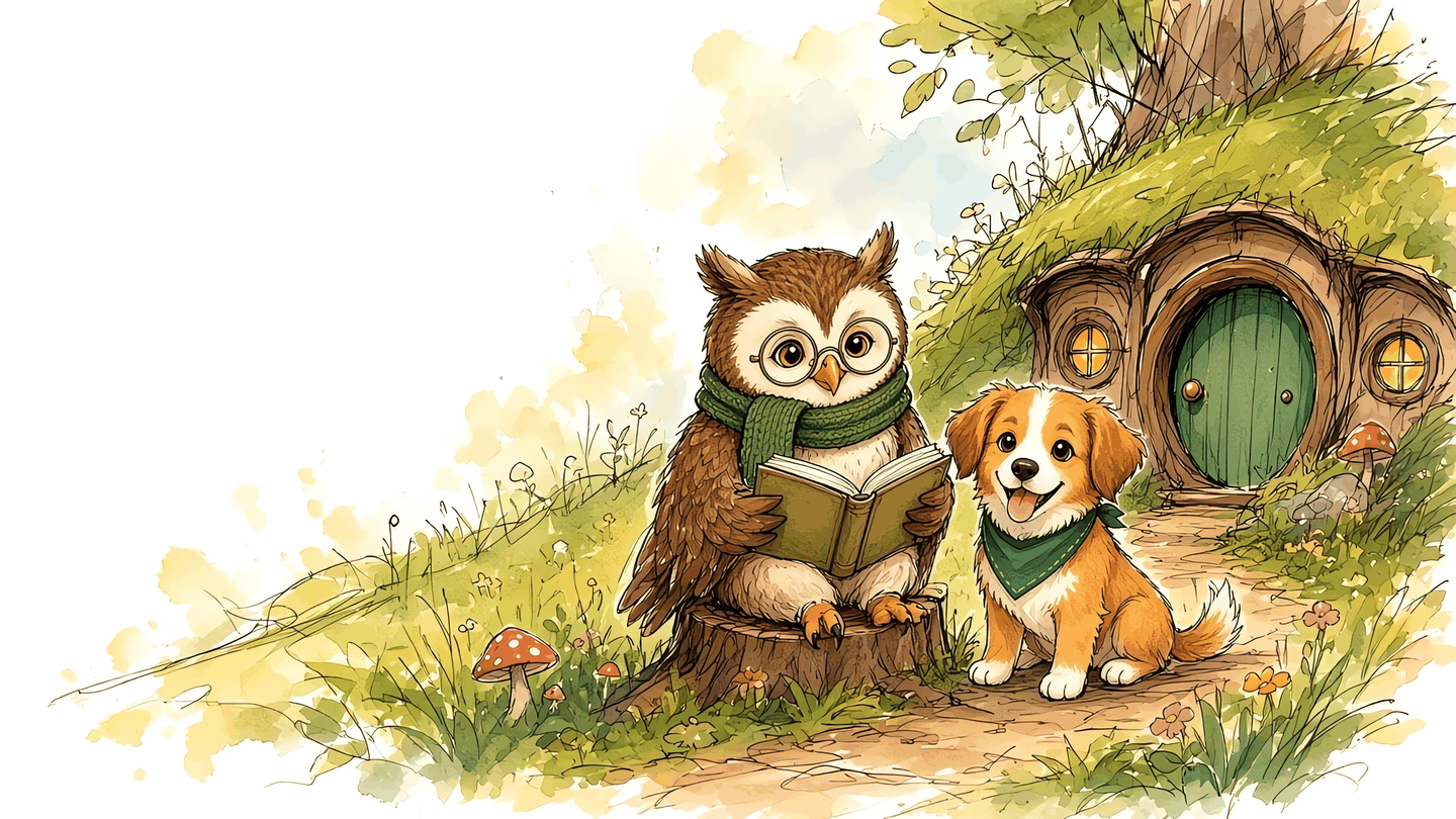 Oli the owl reads a book on a tree stump beside Ru the puppy, outside a round green door in a grassy hill.