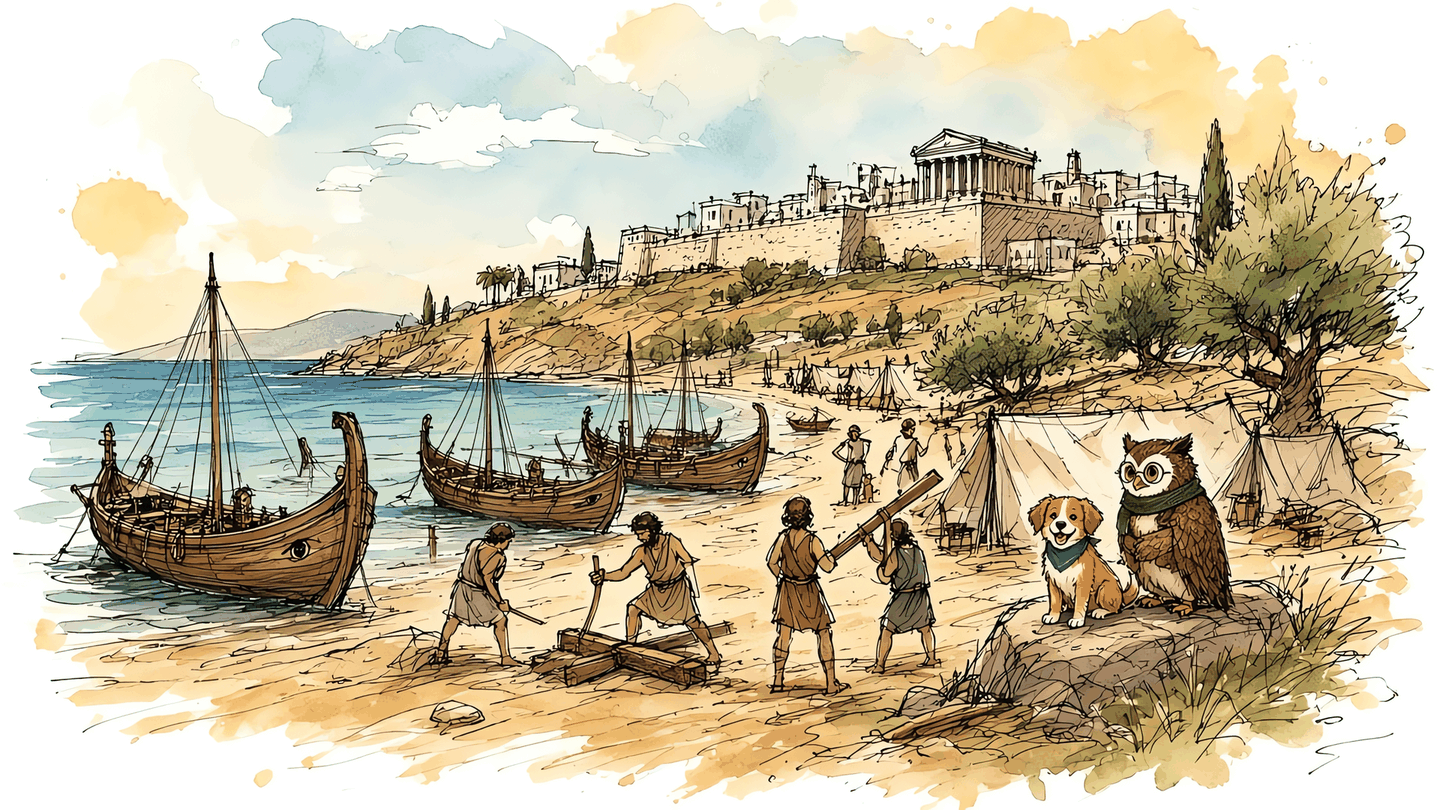 A busy Greek camp on a beach with wooden ships and men carrying timber. Oli and Ru watch from a rock. Troy is on the hill.