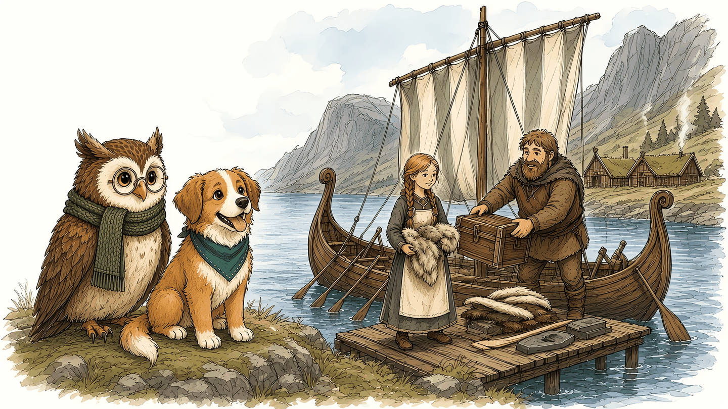 By a fjord, Uncle Bjorn loads a chest onto a longship while Astrid holds a bundle of wool. Oli and Ru sit on the bank.